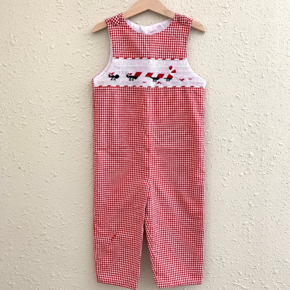 Vintage Smocked Candy Cane Gingham Overalls
